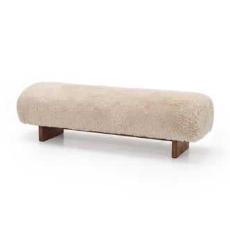 Beige textured bench with wooden legs on white background