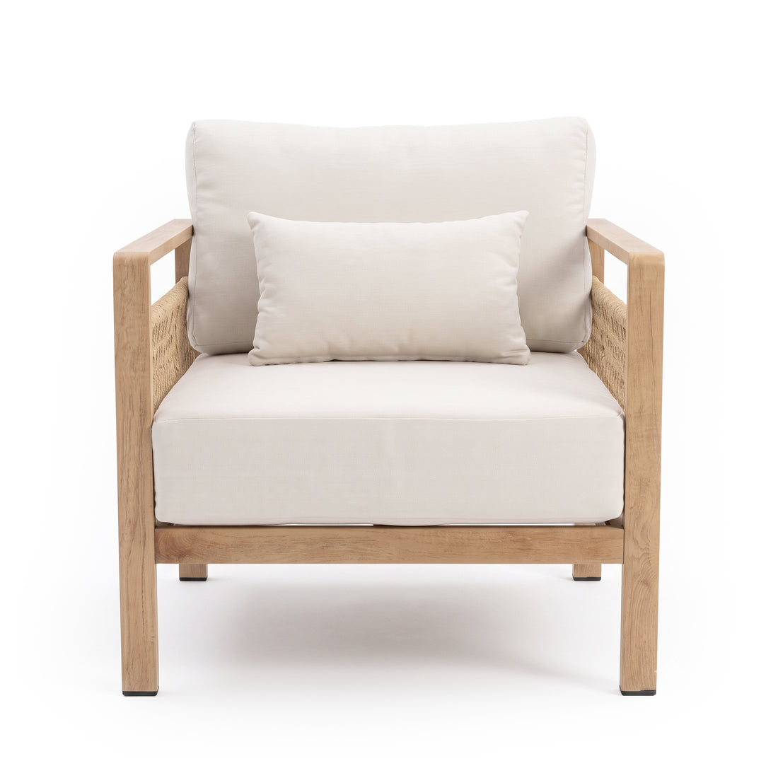 Modern armchair with wood frame and cream cushions on a white background