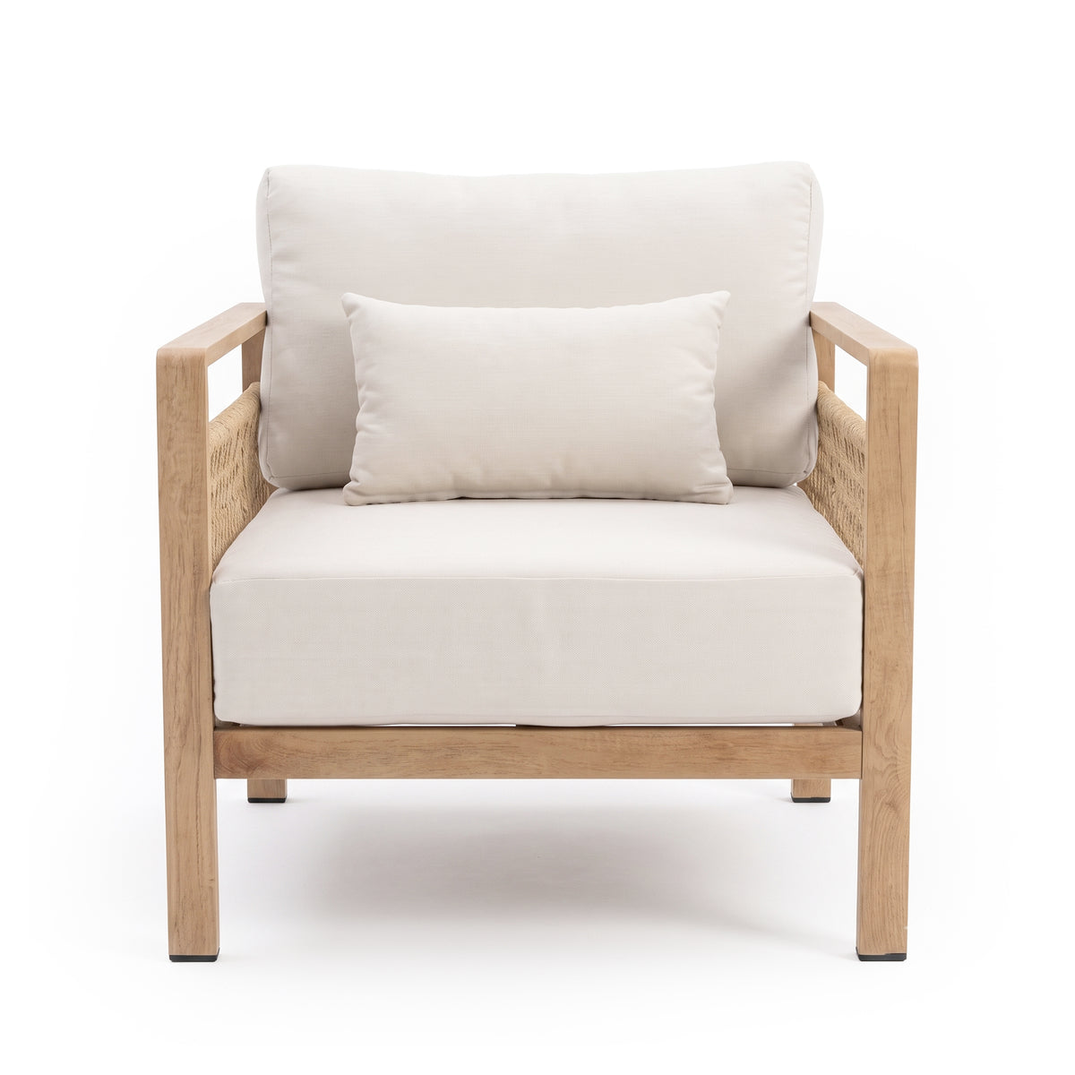 Modern armchair with wood frame and cream cushions on a white background