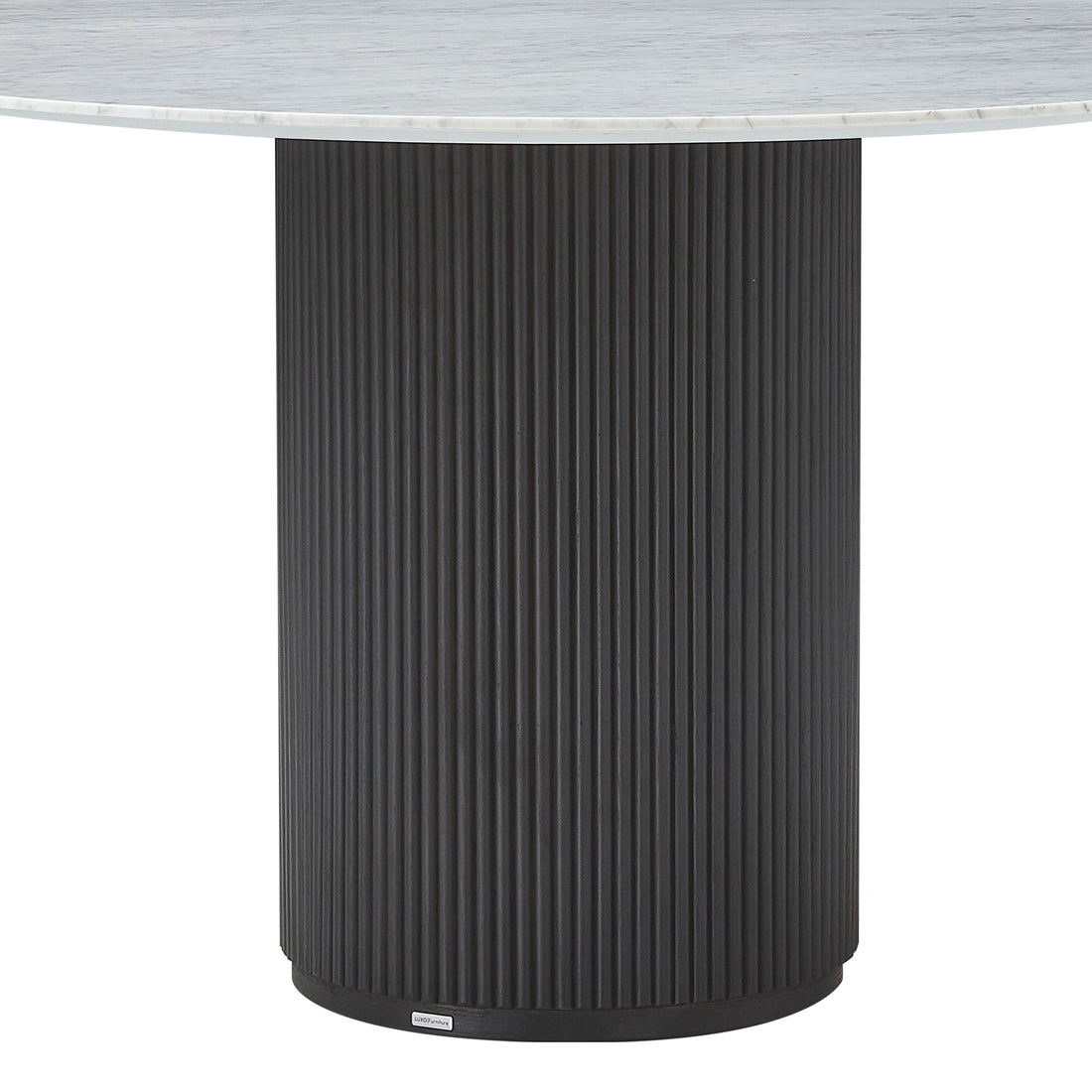 Gracie 120cm Round Marble Dining Table features a fluted black pedestal base supporting a white marble-look tabletop, exuding elegance and modern design.