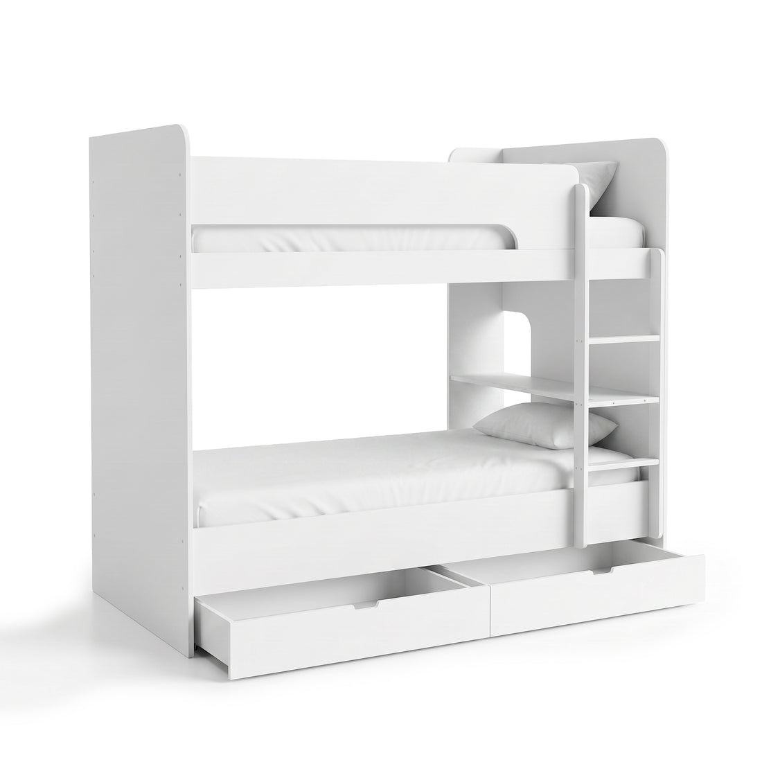 Modern white bunk bed with safety rail, ladder, shelves, and drawers on a white background