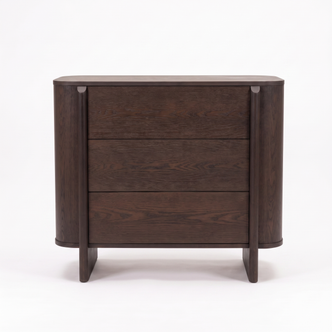 Dark wood three-drawer dresser on a white background