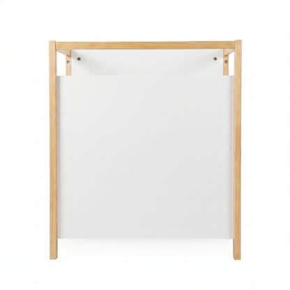 Minimalist rectangular wooden and white furniture piece on a white background
