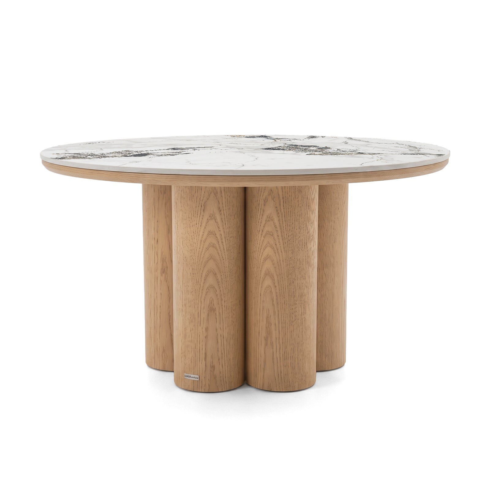 Round table with a light marble top and clustered cylindrical wooden legs on a white background