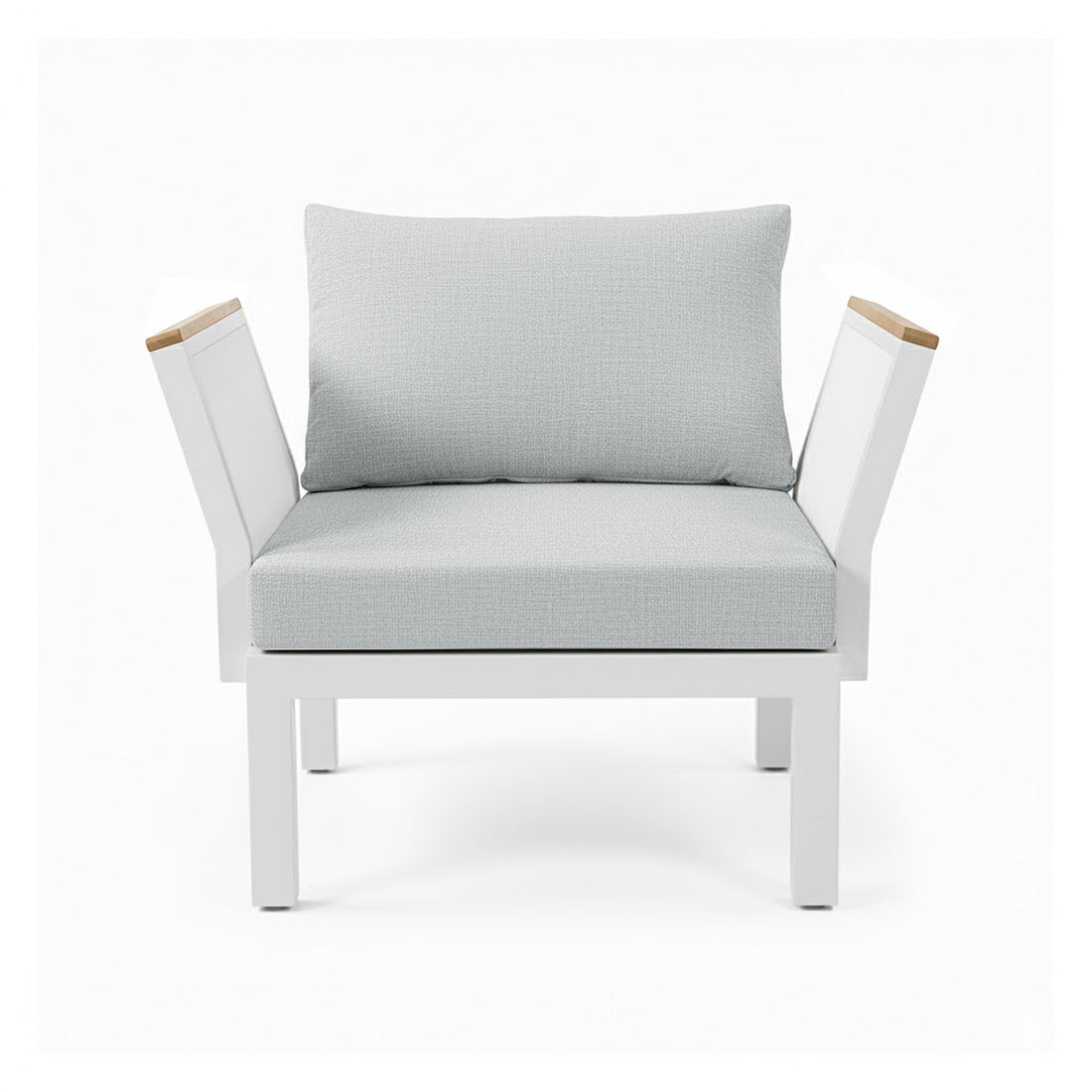 Sierra Outdoor Lounge Set in Grey features a modern single-seat armchair with a white frame, pale-gray cushions, and light wood accents on armrests, perfect for a resort-like outdoor experience.