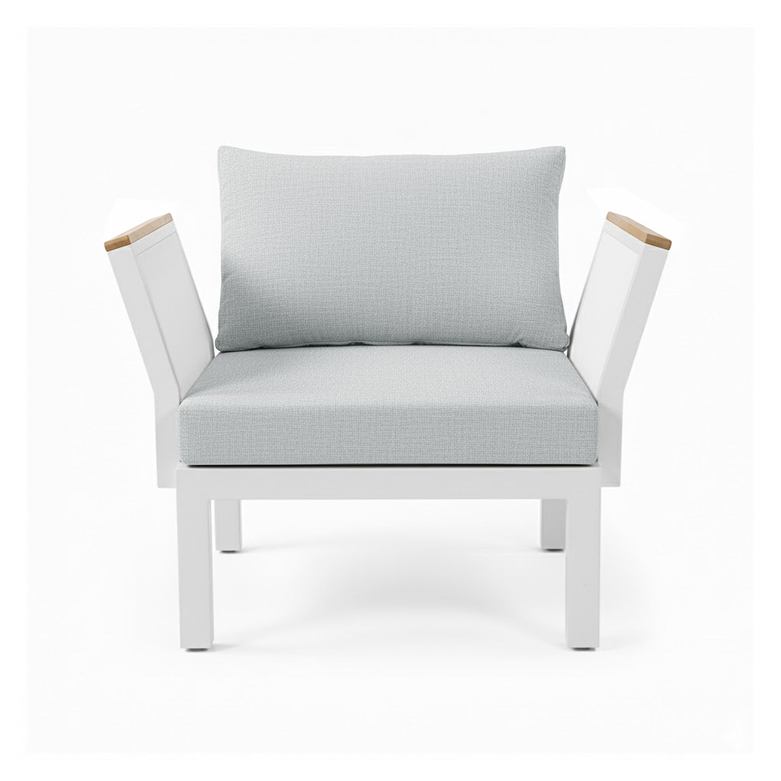 Sierra Outdoor Lounge Set in Grey features a modern single-seat armchair with a white frame, pale-gray cushions, and light wood accents on armrests, perfect for a resort-like outdoor experience.