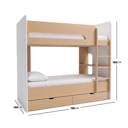 Modern wooden bunk bed with white accents shown on a white background with dimensions labeled