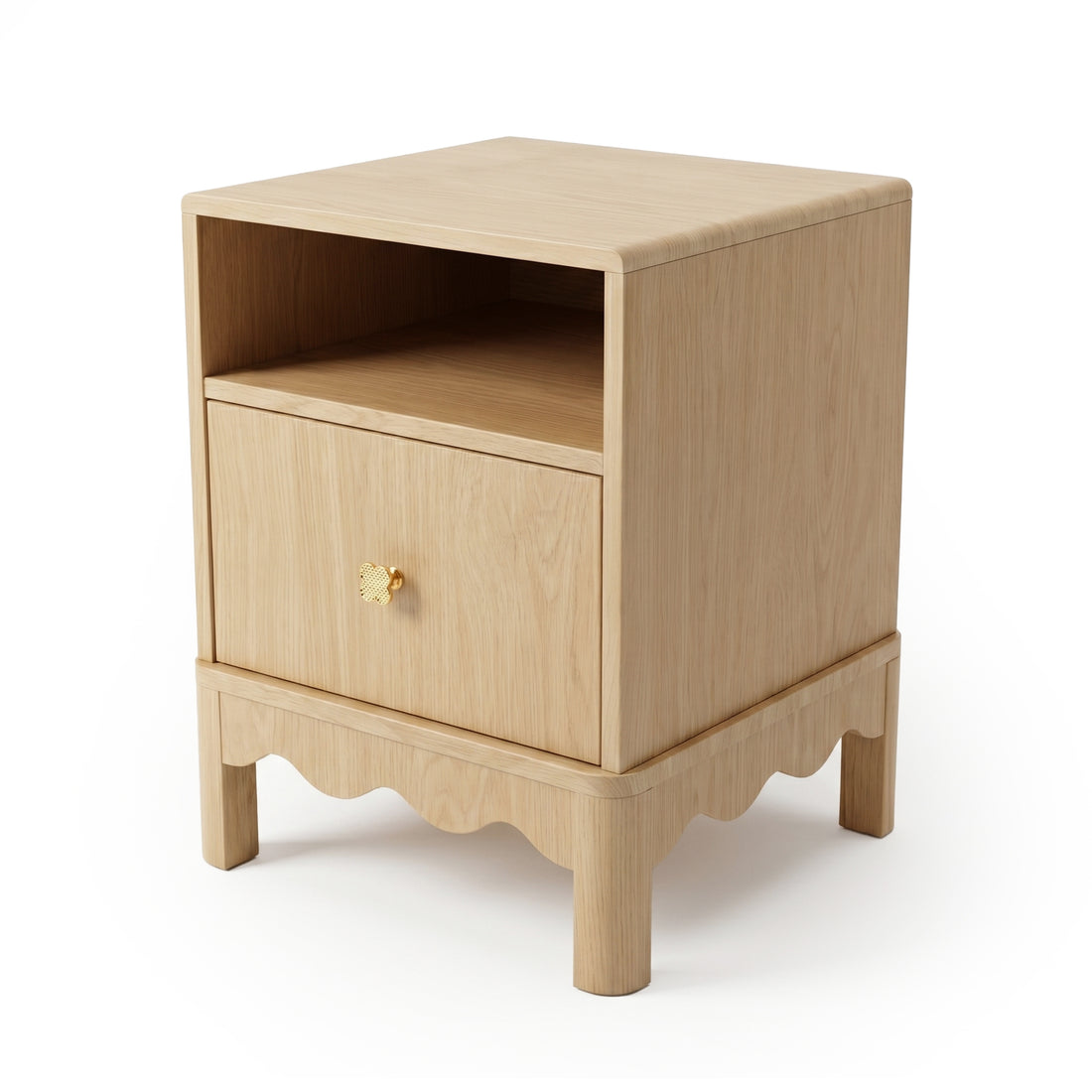 Full view of light wood nightstand on white background