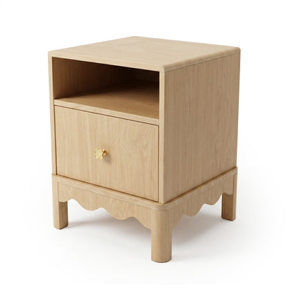 Full view of light wood nightstand on white background