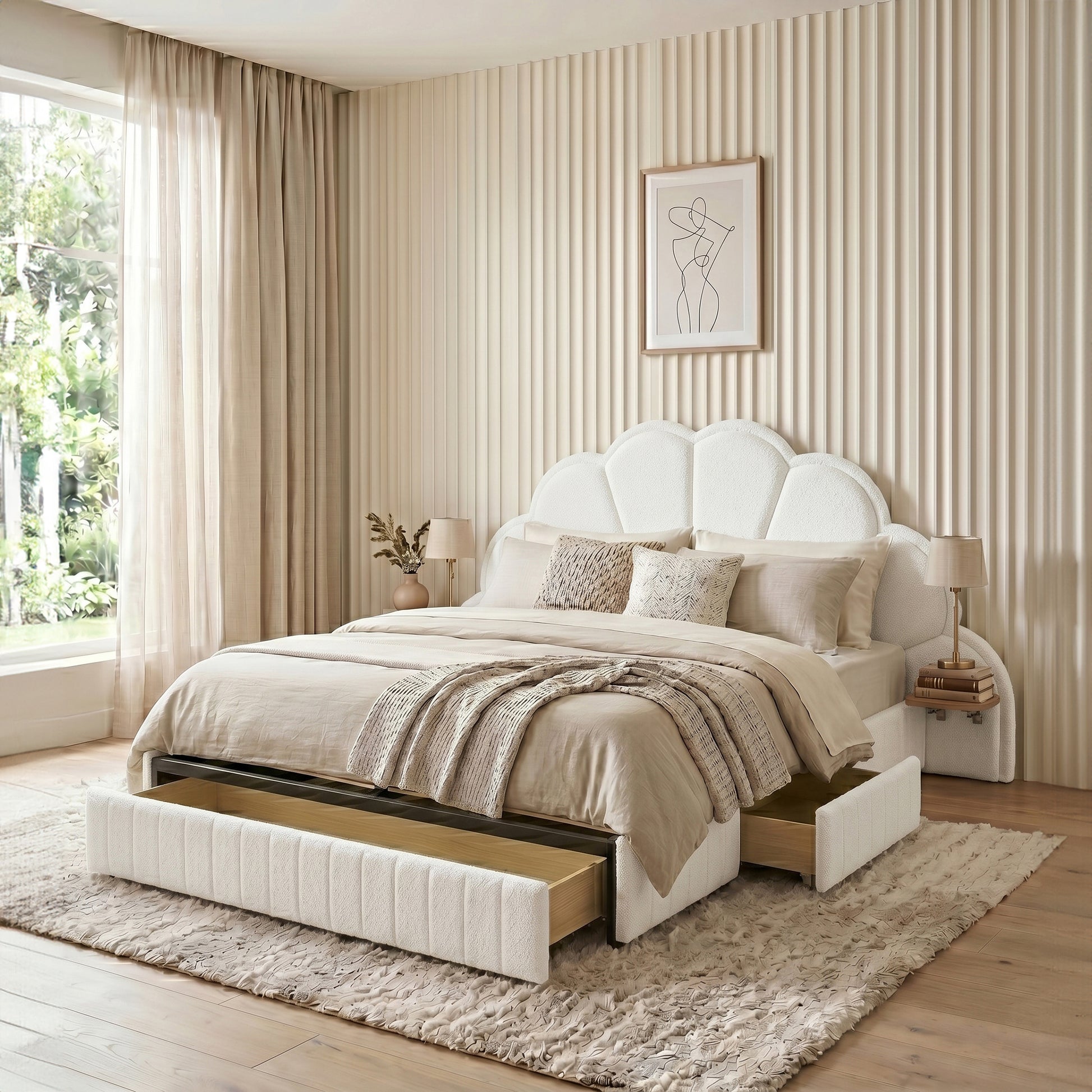 Modern bedroom with upholstered scallop headboard bed and open under-bed storage drawer