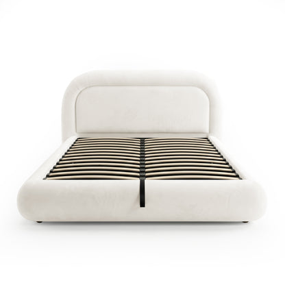 Front view of upholstered bed frame with visible slatted base on white background