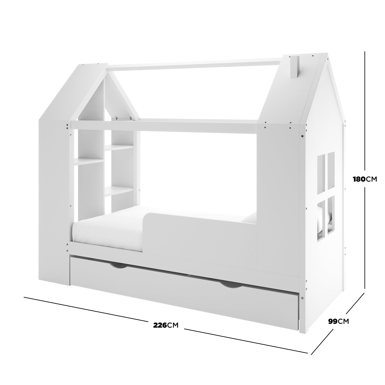 Haron Single Cubby House Bed Storage in White features a pitched roof frame, built-in shelving, a low guard rail, and a full-width drawer, creating a playful yet practical sleeping space for children.