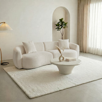 Lifestyle shot of curved sofa and coffee table in a modern living room