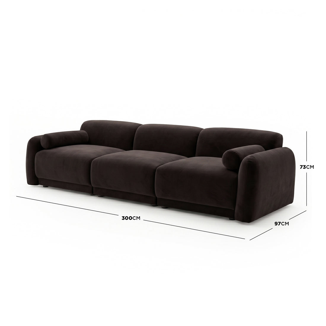 Large modern dark-colored sofa with dimensions labeled (300 cm × 97 cm × 73 cm) on white background