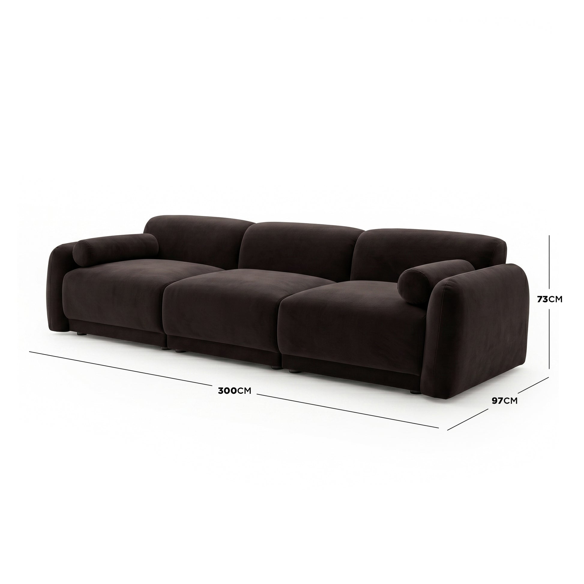 Large modern dark-colored sofa with dimensions labeled (300 cm × 97 cm × 73 cm) on white background