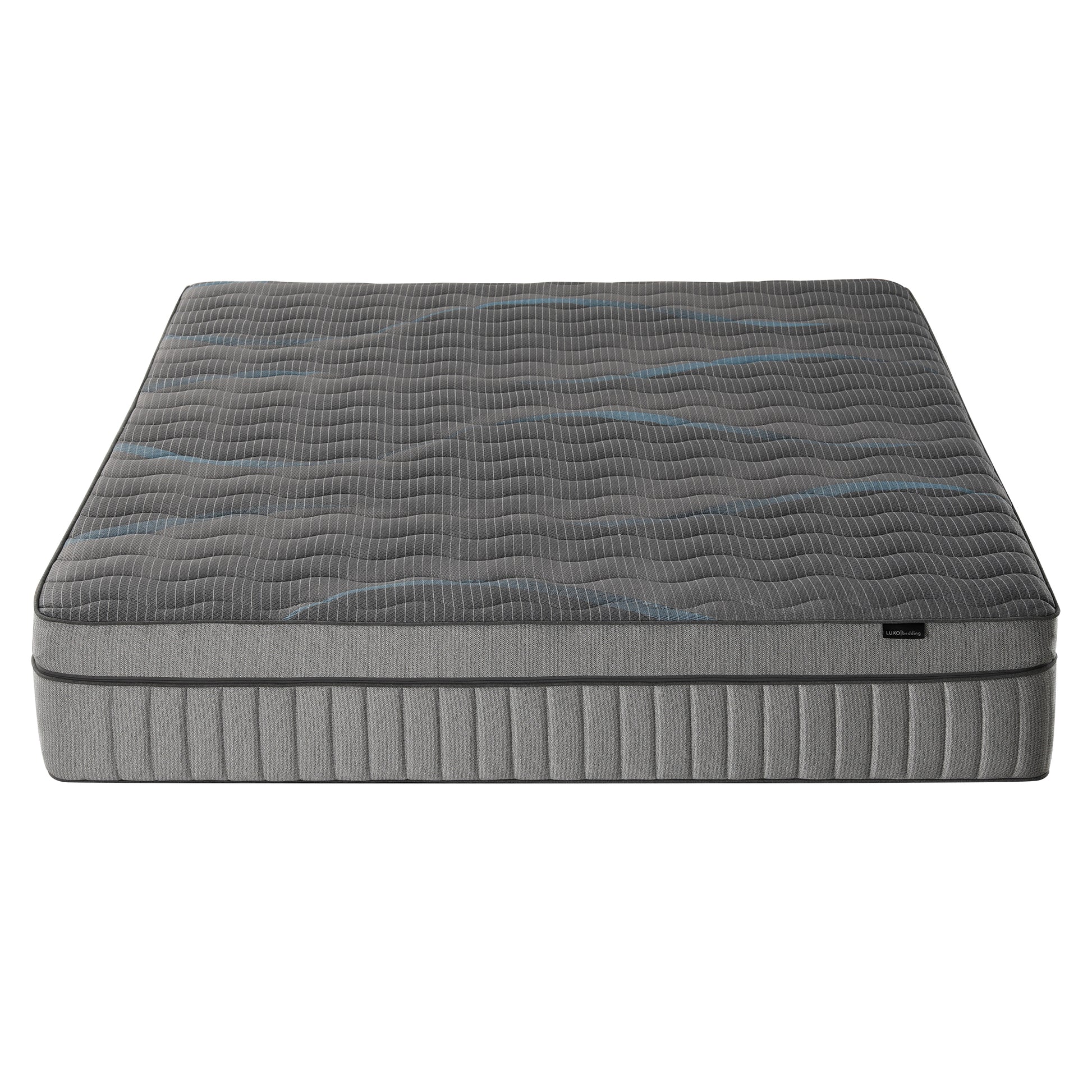 Gray textured mattress shown whole on a white background