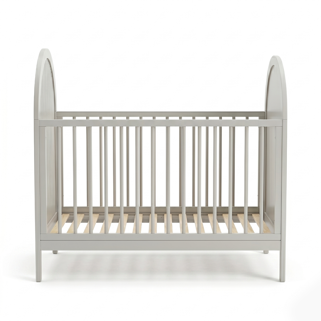 Light gray wooden crib front view on white background