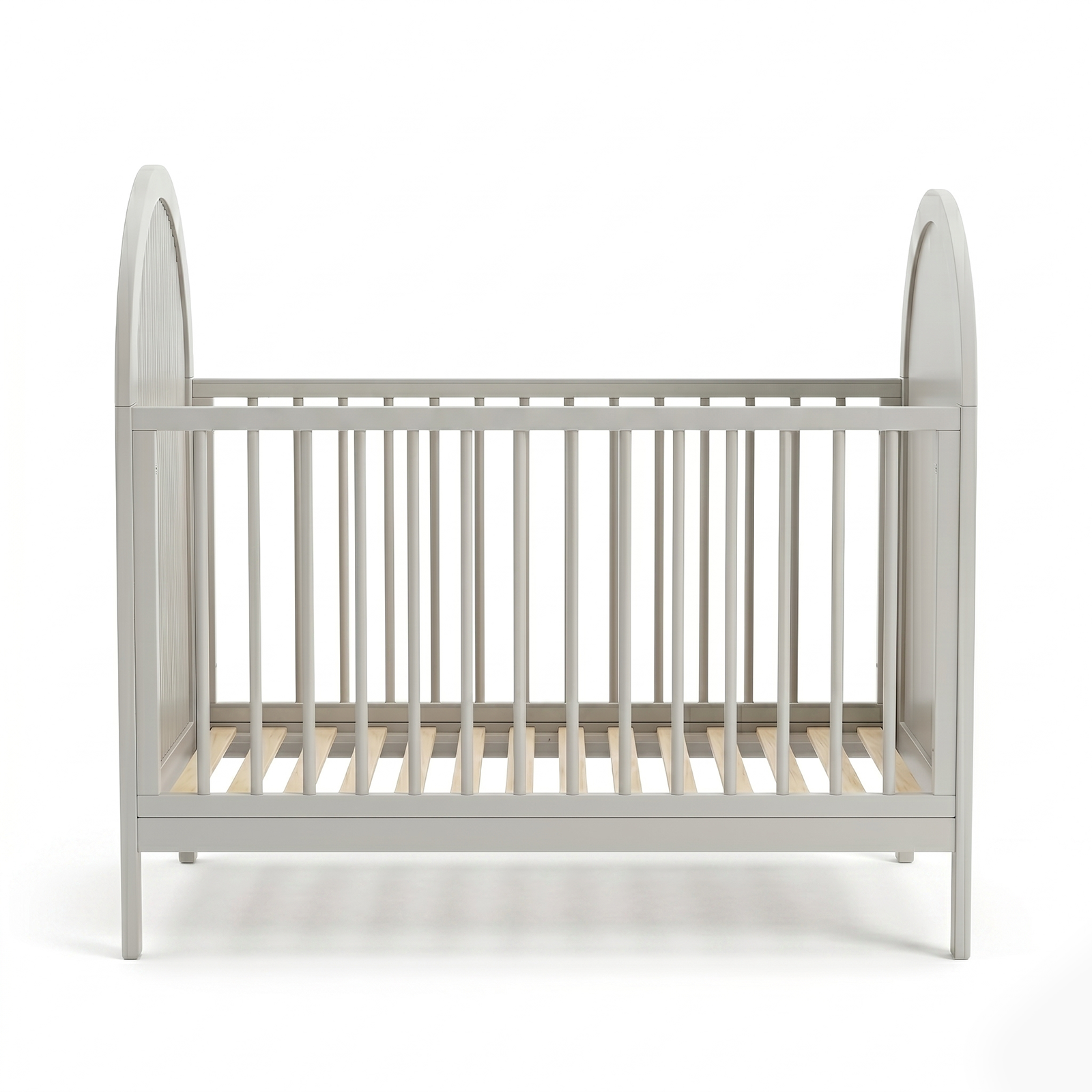 Light gray wooden crib front view on white background