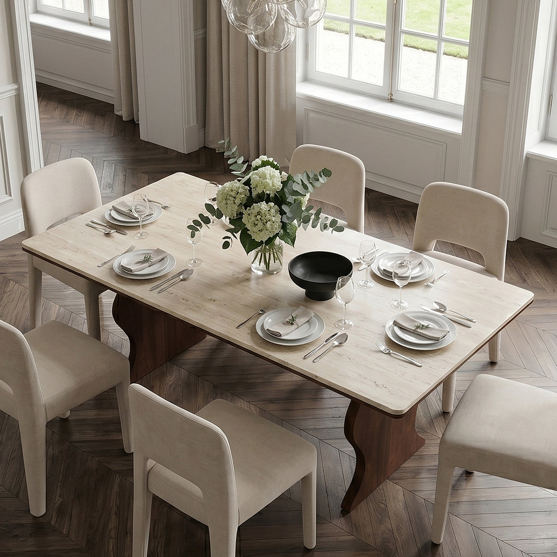 Dining table with six chairs set in a stylish dining room