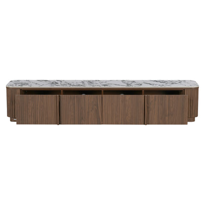 Modern wooden media console with marble-look top on white background