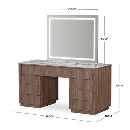 Modern vanity table with illuminated mirror on a white background, with dimensions shown
