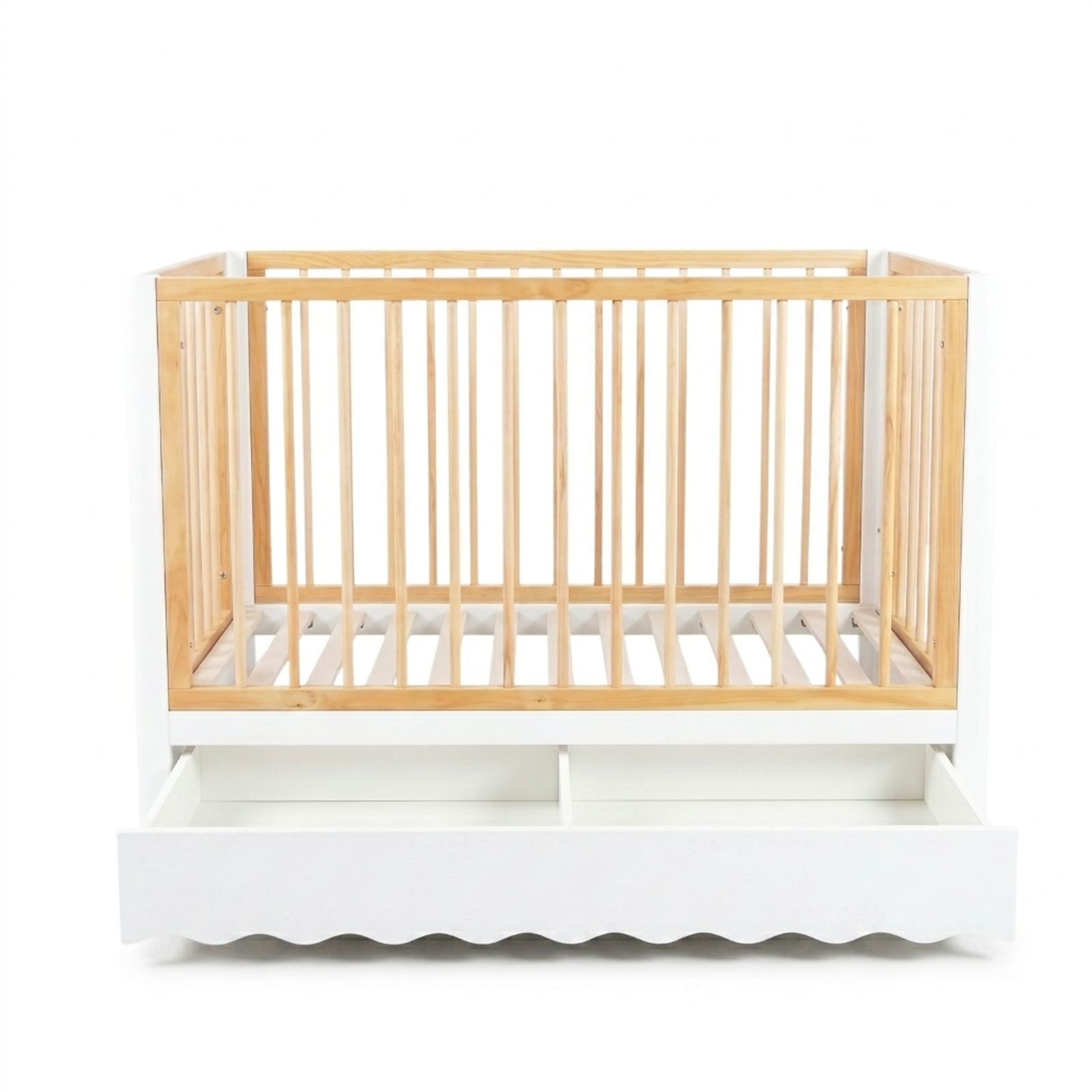 Baby crib with storage compartments on white background