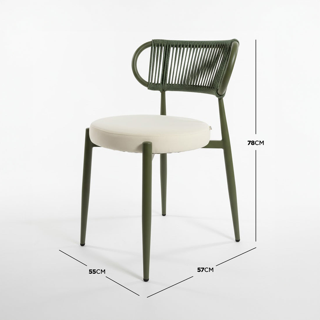 Cabria 9 Piece Sintered Stone Outdoor Dining Set in Green features olive green tubular frames, rope-backed chairs, and cream cushions, exemplifying modern style and comfort for outdoor dining.