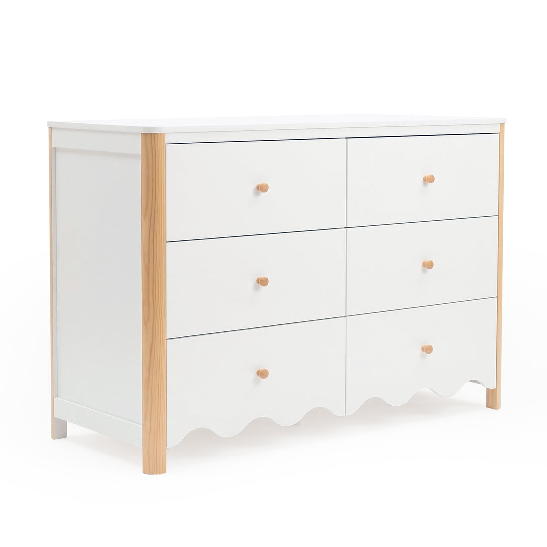 White six-drawer dresser with light wood corners and scalloped bottom on a white background