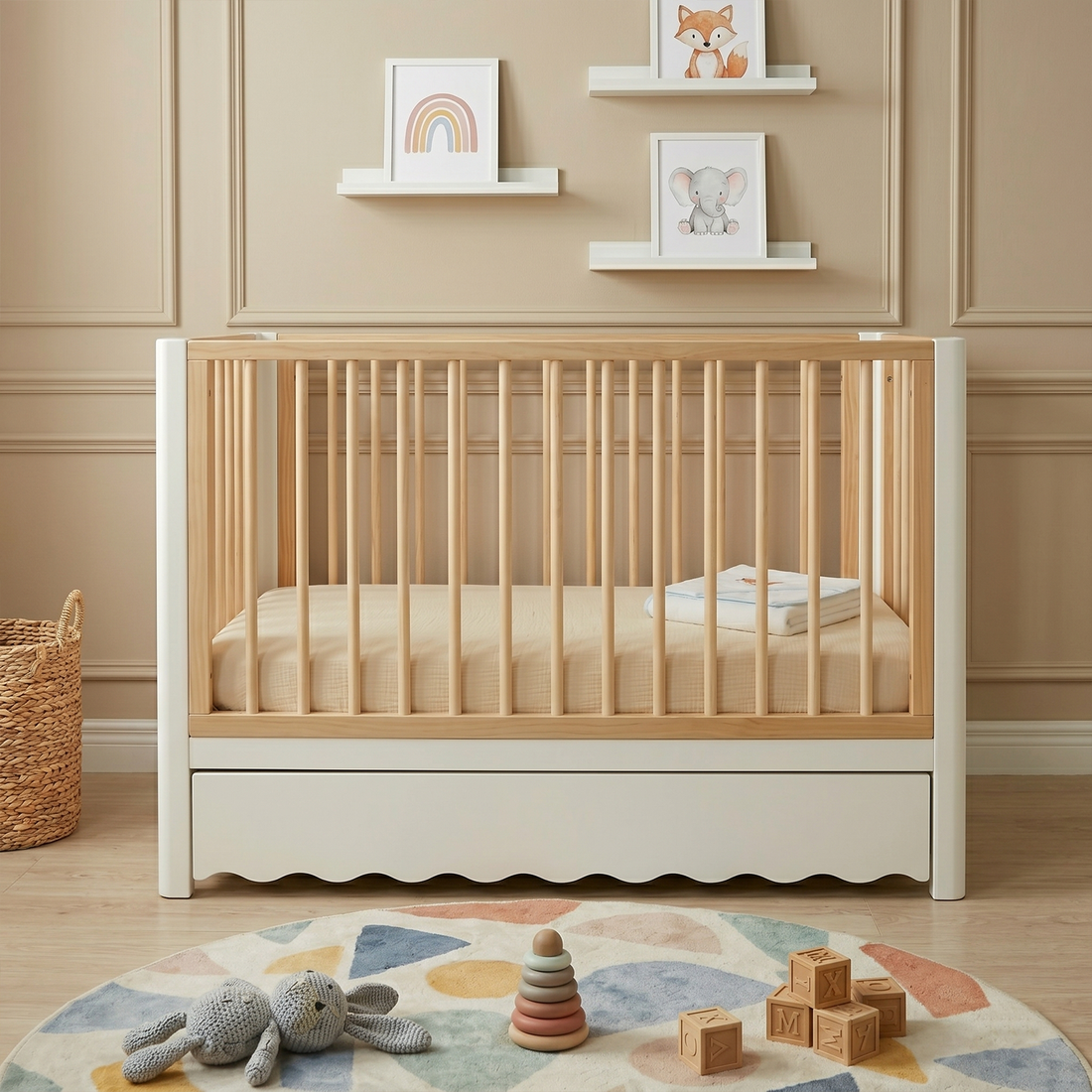 Baby crib in decorated room with wall art and toys