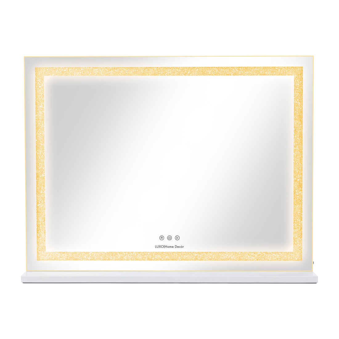 LED bathroom mirror with gold-toned illuminated border and touch control panel on white background