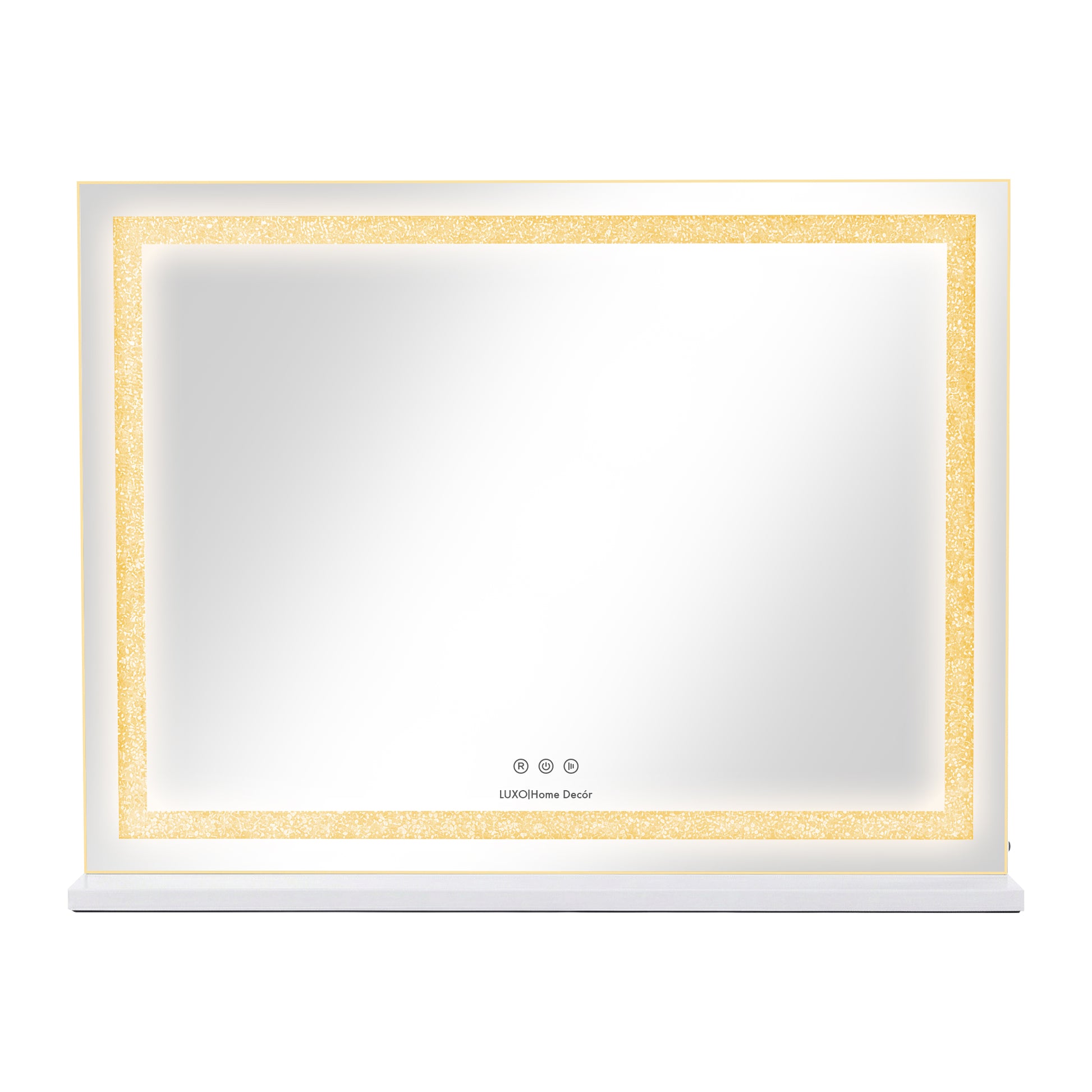 LED bathroom mirror with gold-toned illuminated border and touch control panel on white background