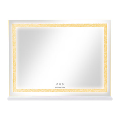 LED bathroom mirror with gold-toned illuminated border and touch control panel on white background