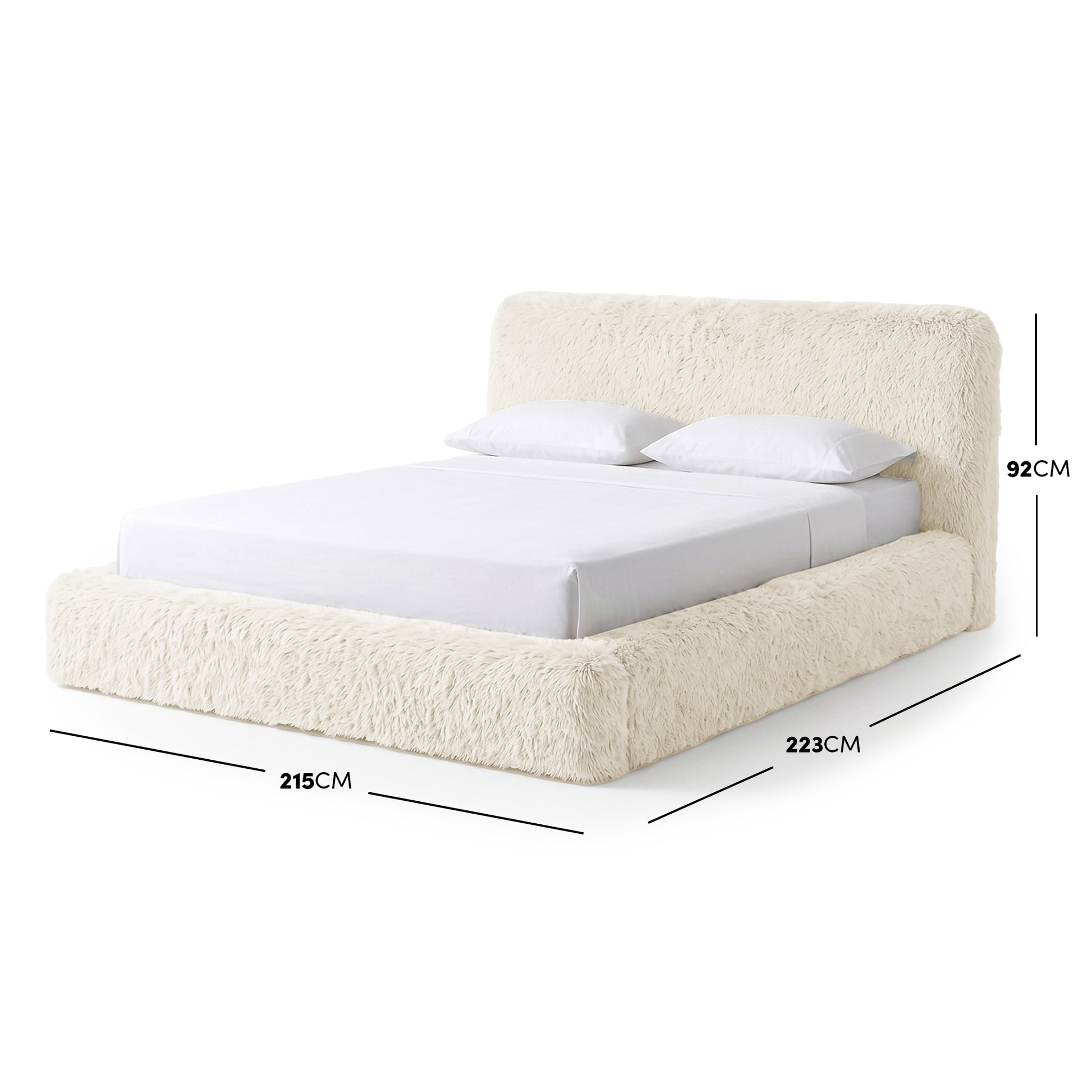 Full upholstered bed on white background with dimension measurements shown