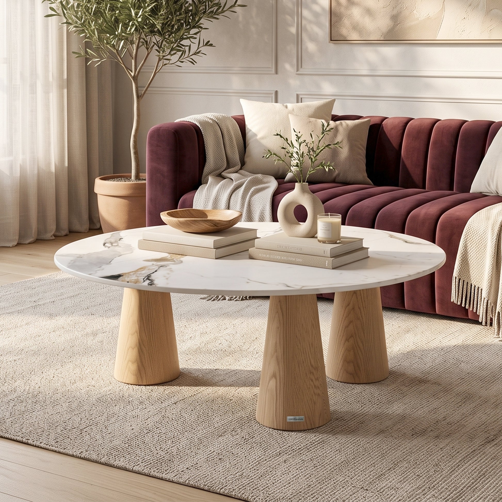 Oval marble-top coffee table styled in a modern living room