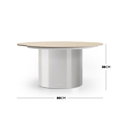 Round coffee table on a white background with dimensions 80 cm wide and 38 cm high