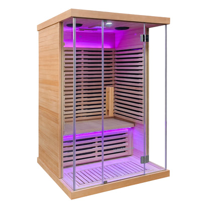 Modern wooden sauna with glass doors and purple interior lighting on a white background.