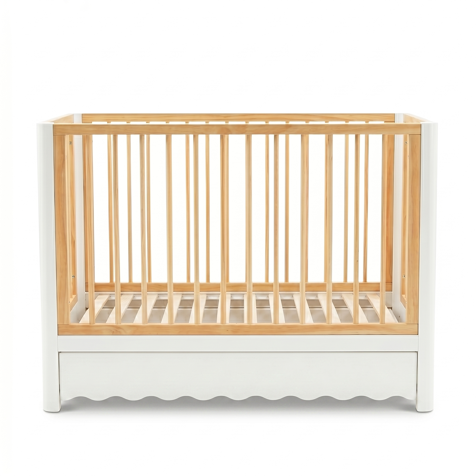 Front view modern baby crib with natural wood slats and white panels on white background