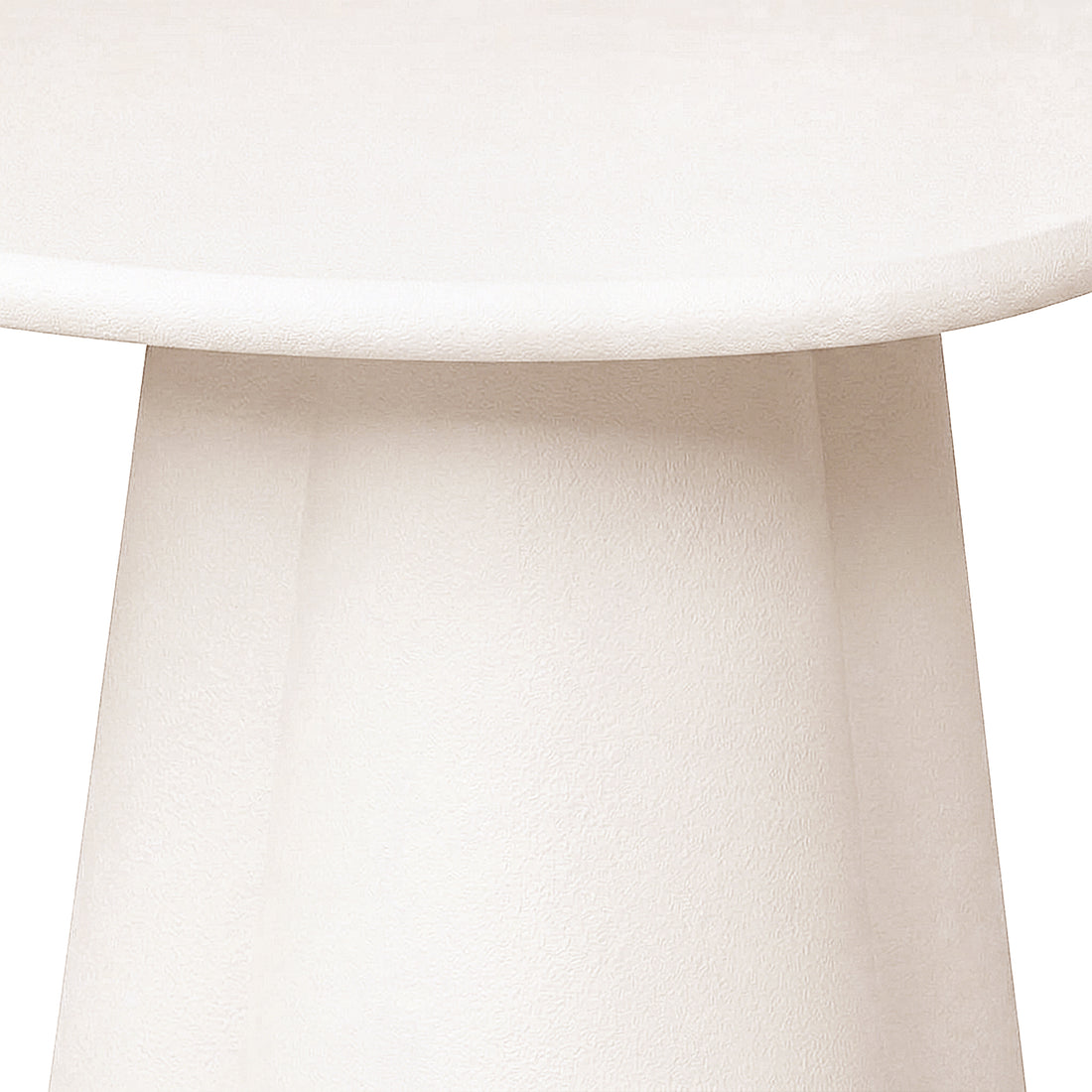Close-up of a white sculptural furniture base and lower edge of the top on a white background