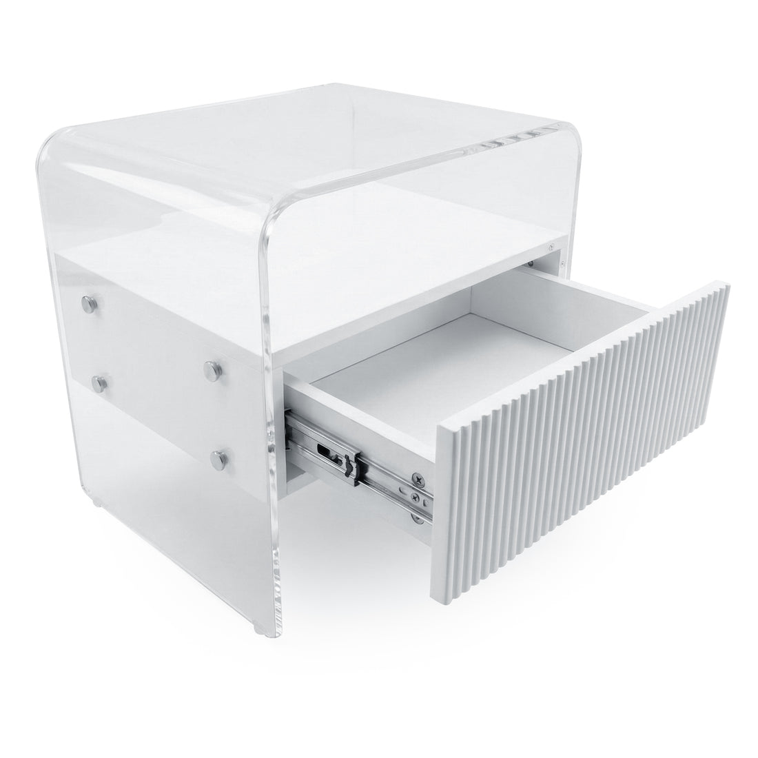 white acrylic nightstand on white background with drawer open