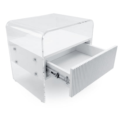 white acrylic nightstand on white background with drawer open