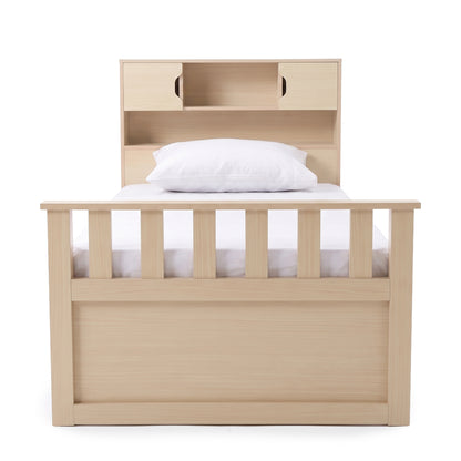Single wooden bed with storage shelves and cabinets on a white background