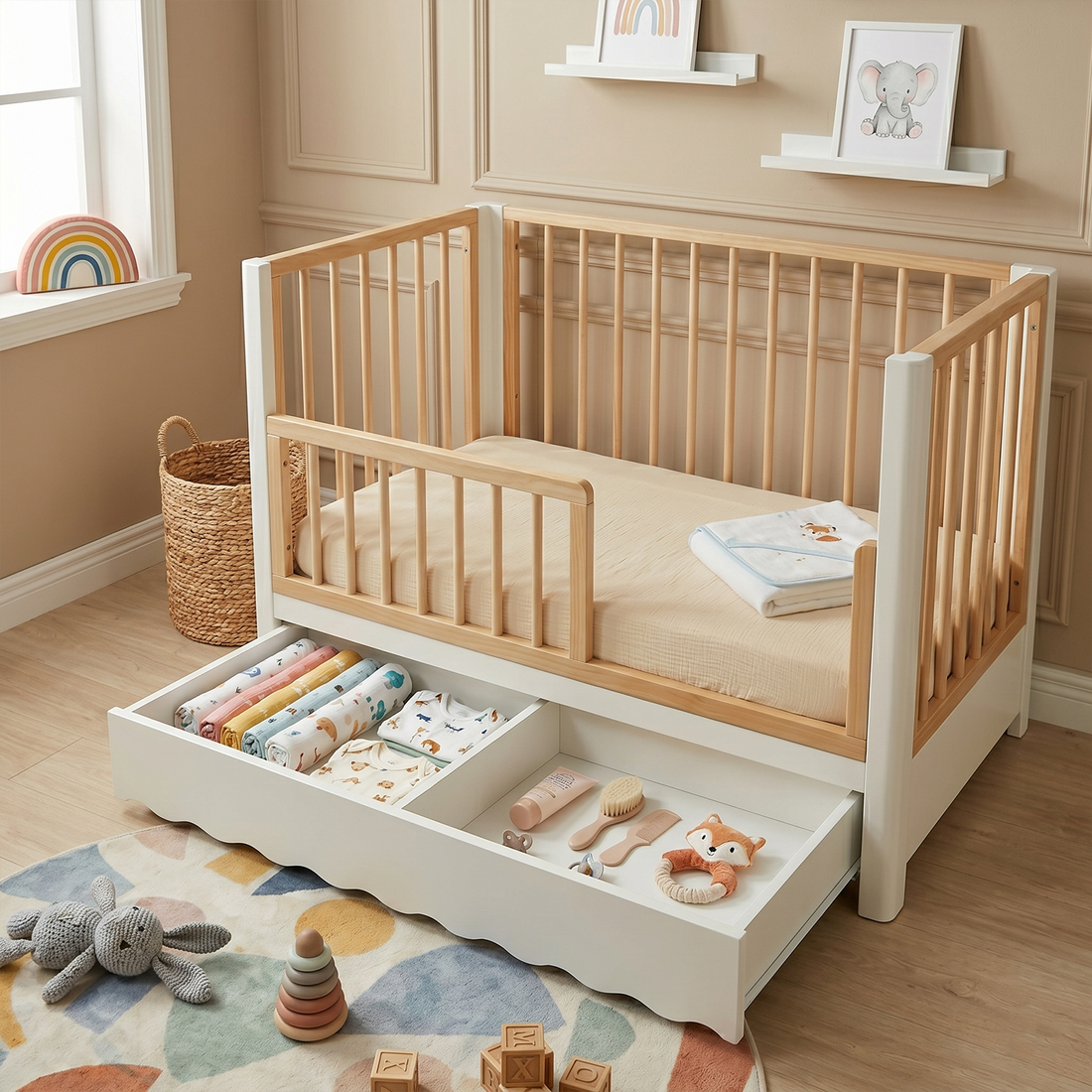 Modern wooden crib with white and wood tones in a styled nursery room with rug and toys