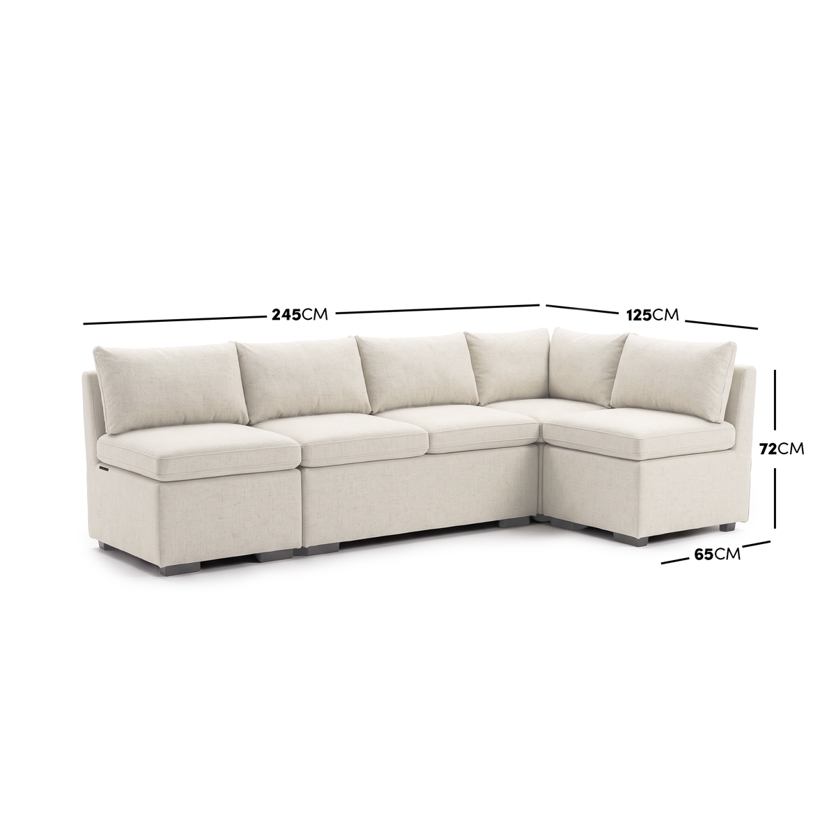 Cream L-shaped sectional sofa with dimension measurements displayed