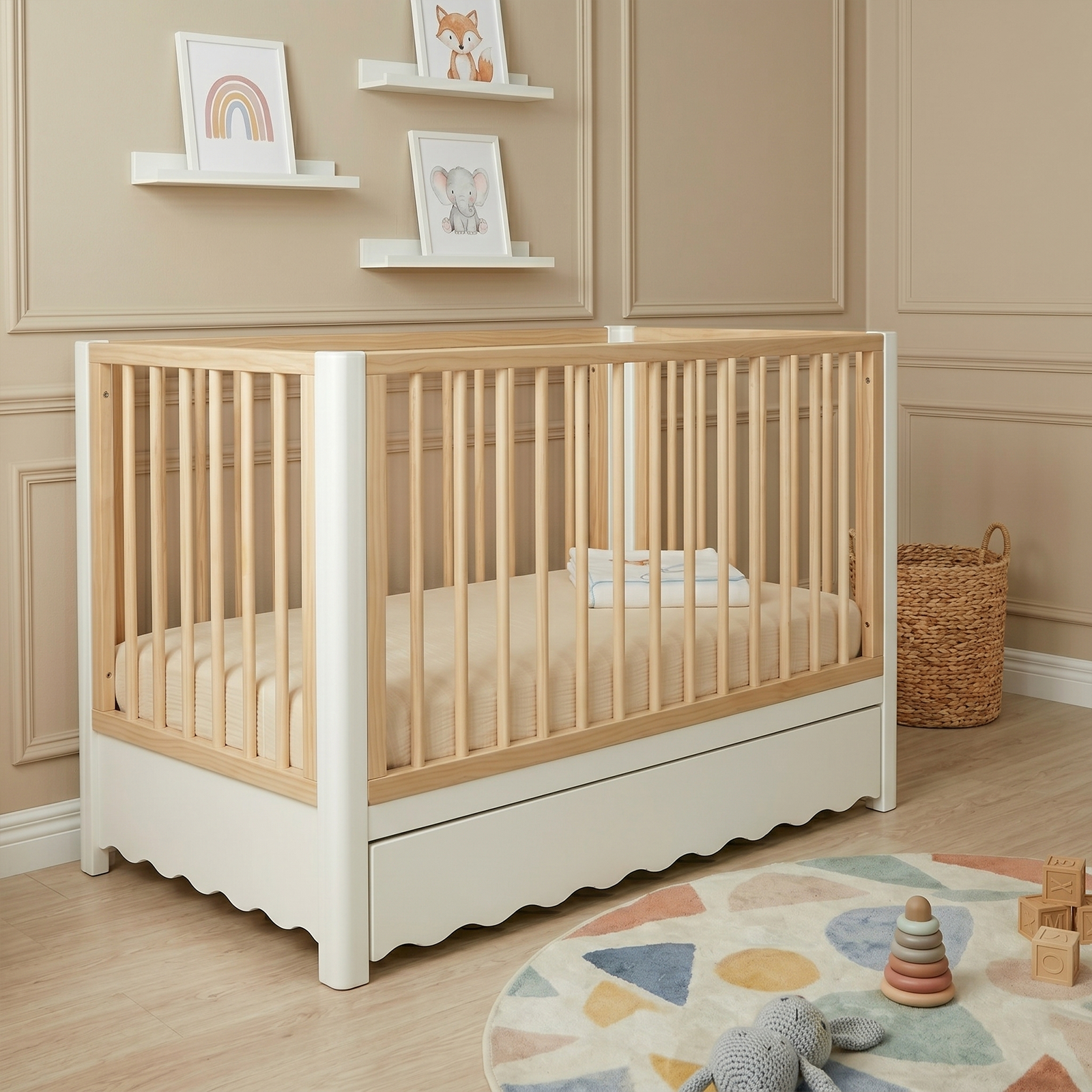 Baby crib in cozy nursery setting with decor