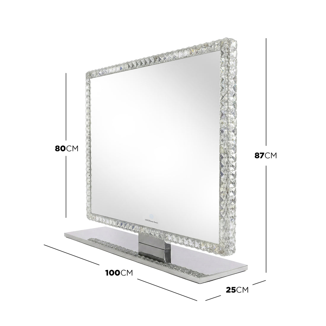 Rectangular mirror with crystal border and measurement lines on white background
