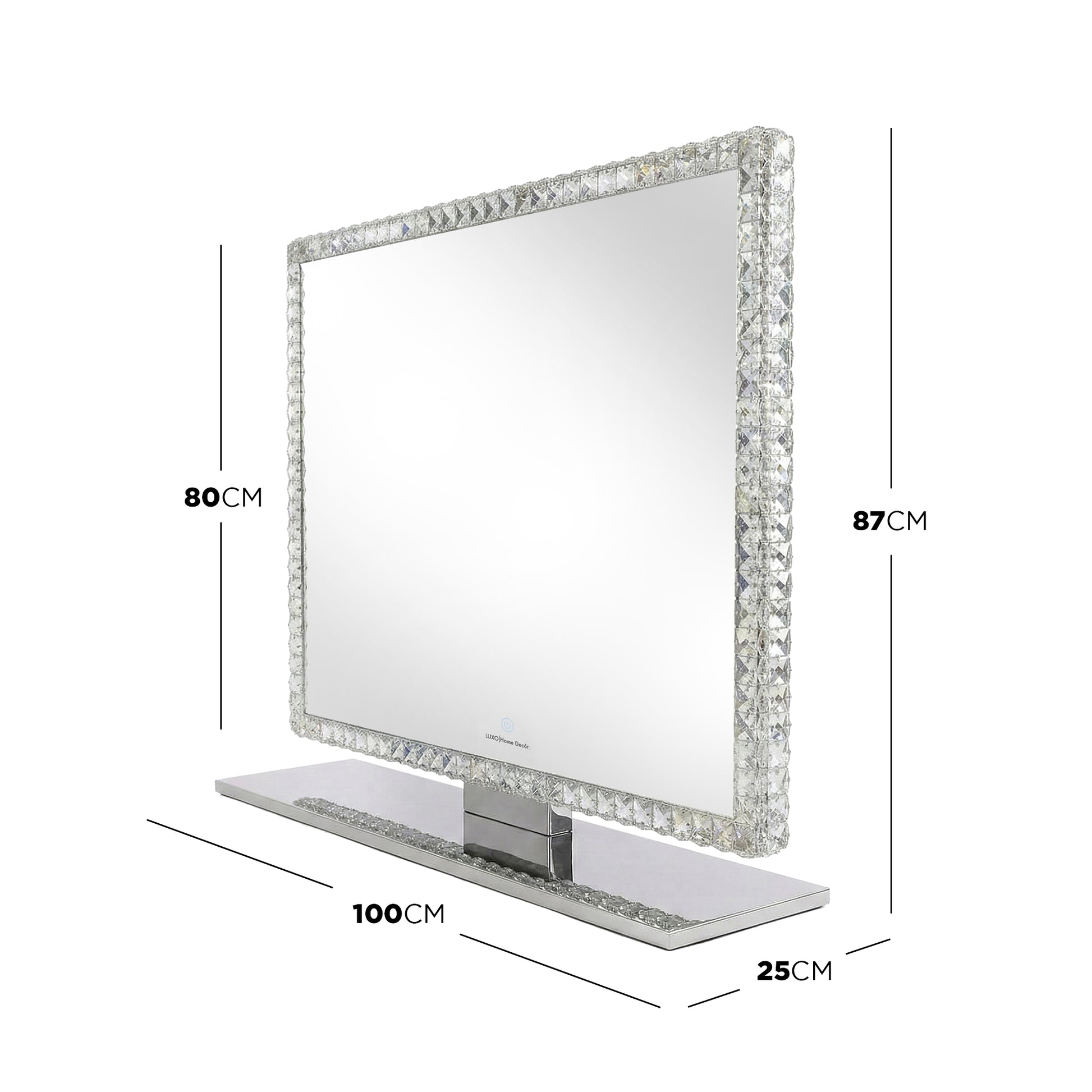 Rectangular mirror with crystal border and measurement lines on white background