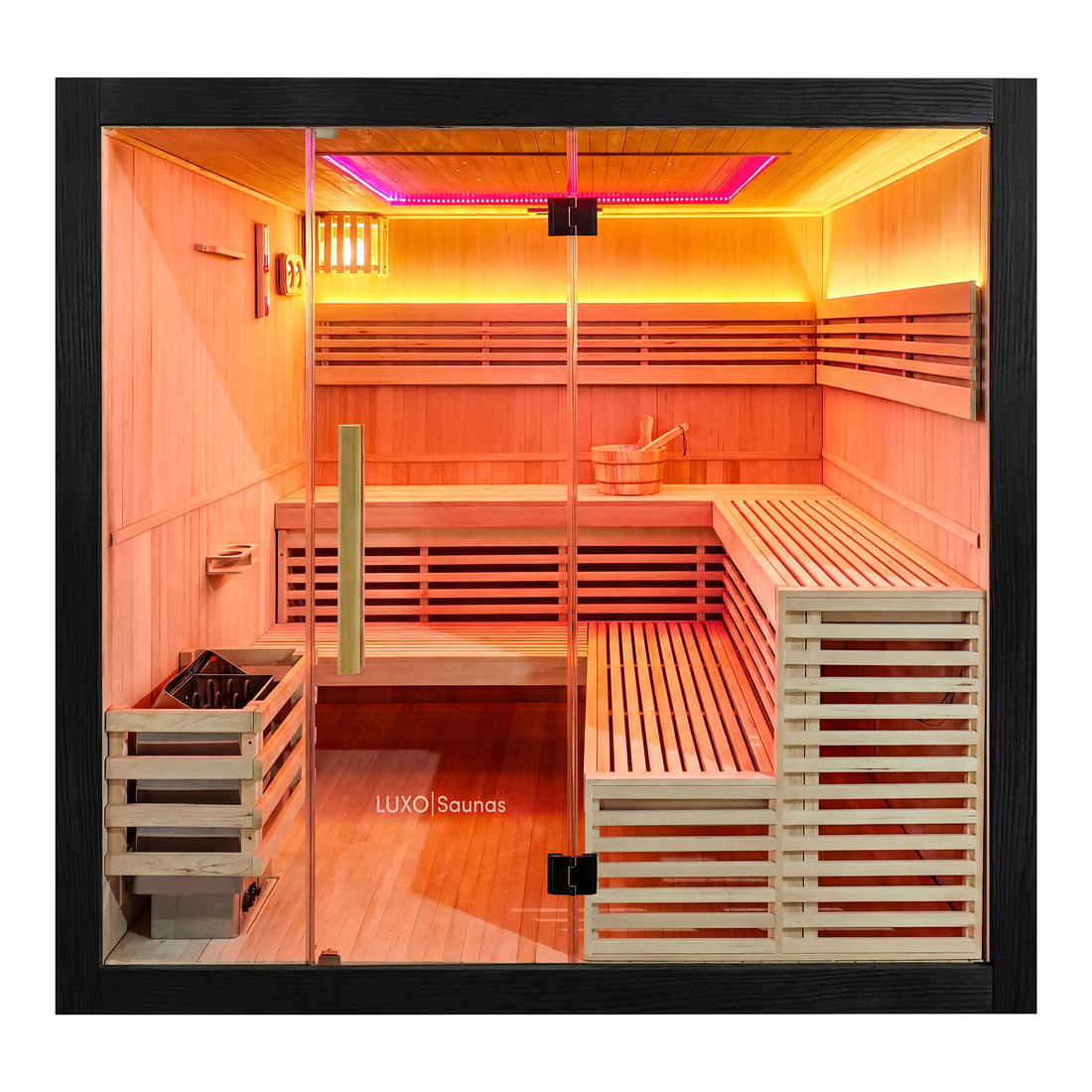 Square sauna cabin with glass front and warm interior lighting on a white background