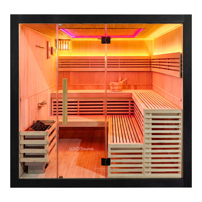 Square sauna cabin with glass front and warm interior lighting on a white background
