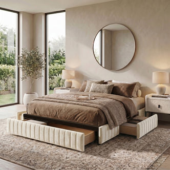 Lifestyle bedroom shot featuring upholstered cream bed with storage drawers in styled room