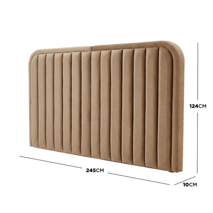 Upholstered headboard with vertical channel tufting and dimension markings (245 cm × 124 cm × 10 cm) on a white background